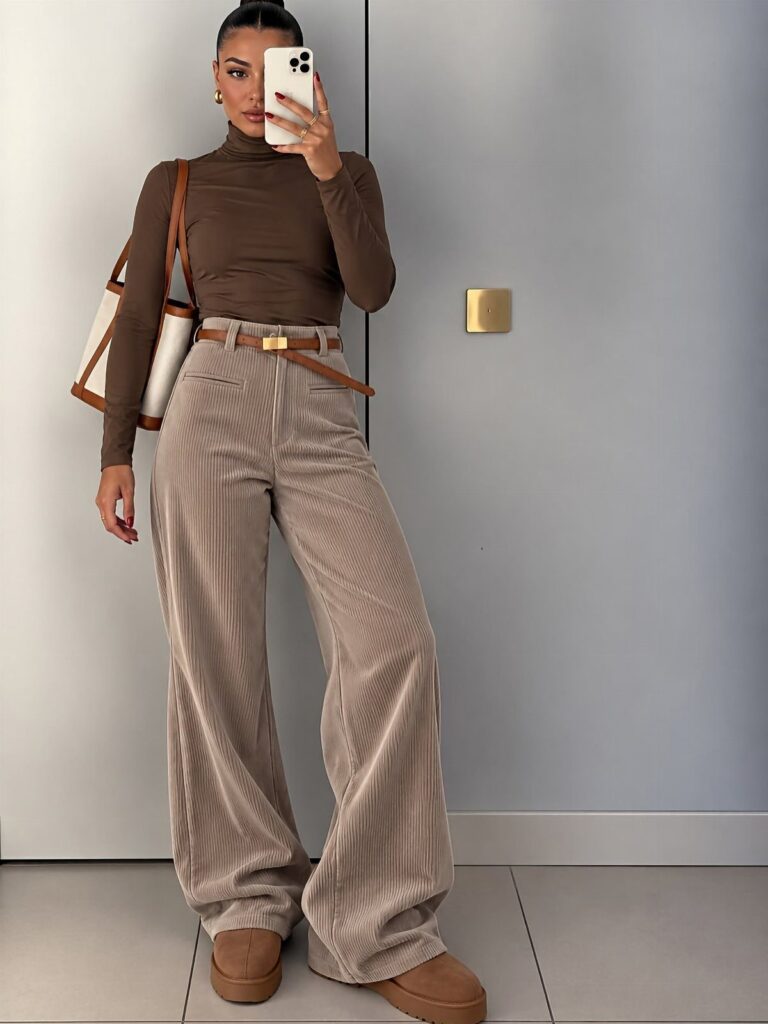 Woman in brown turtleneck and wide-leg brown corduroy pants taking a mirror selfie.