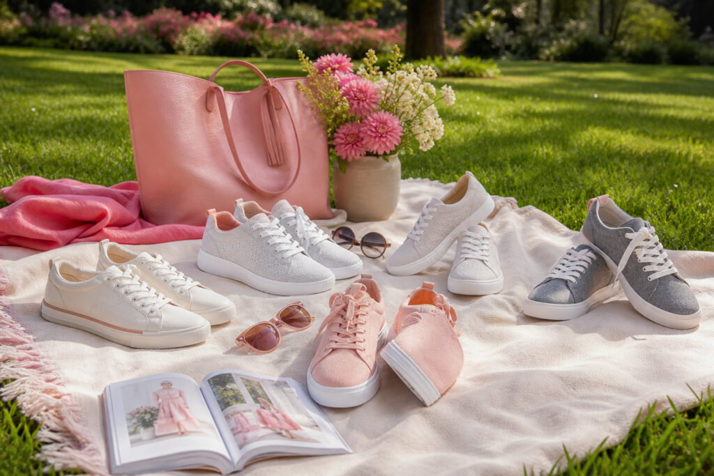 A sun-drenched park with vibrant green grass and casual sneakers on display.