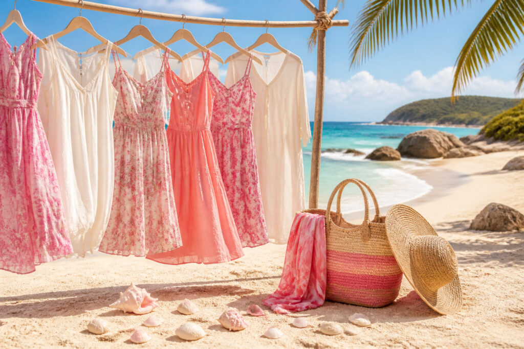 A sun-drenched beach with soft white sands and clear blue skies.
