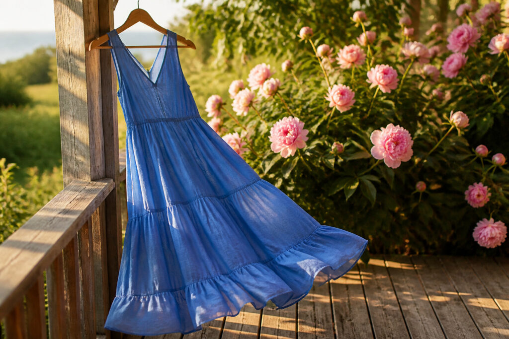 Various blue summer dresses displayed on mannequins in a bright setting.