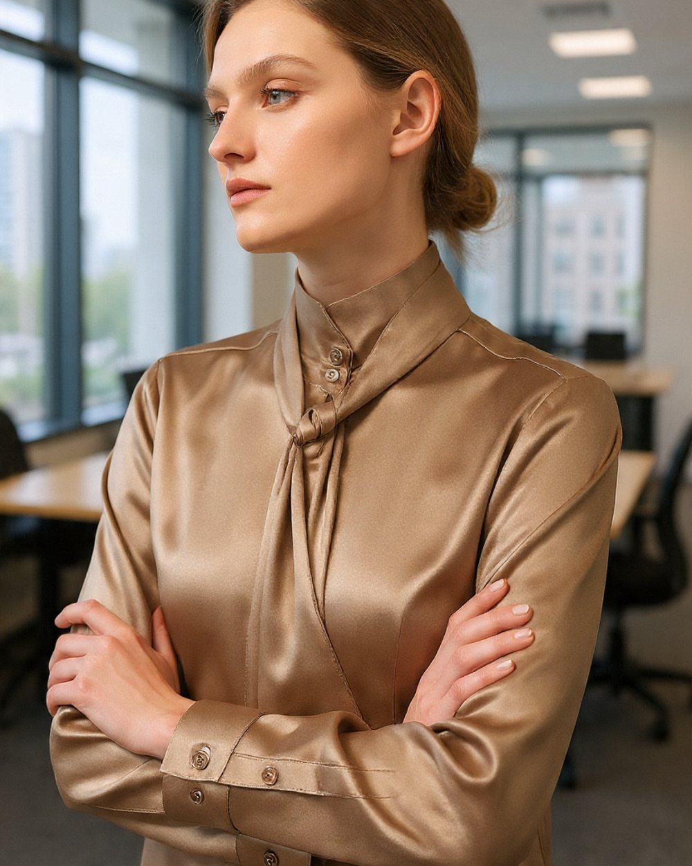 A woman wearing a luxurious champagne-colored silk blouse with a high neck and buttoned cuffs.