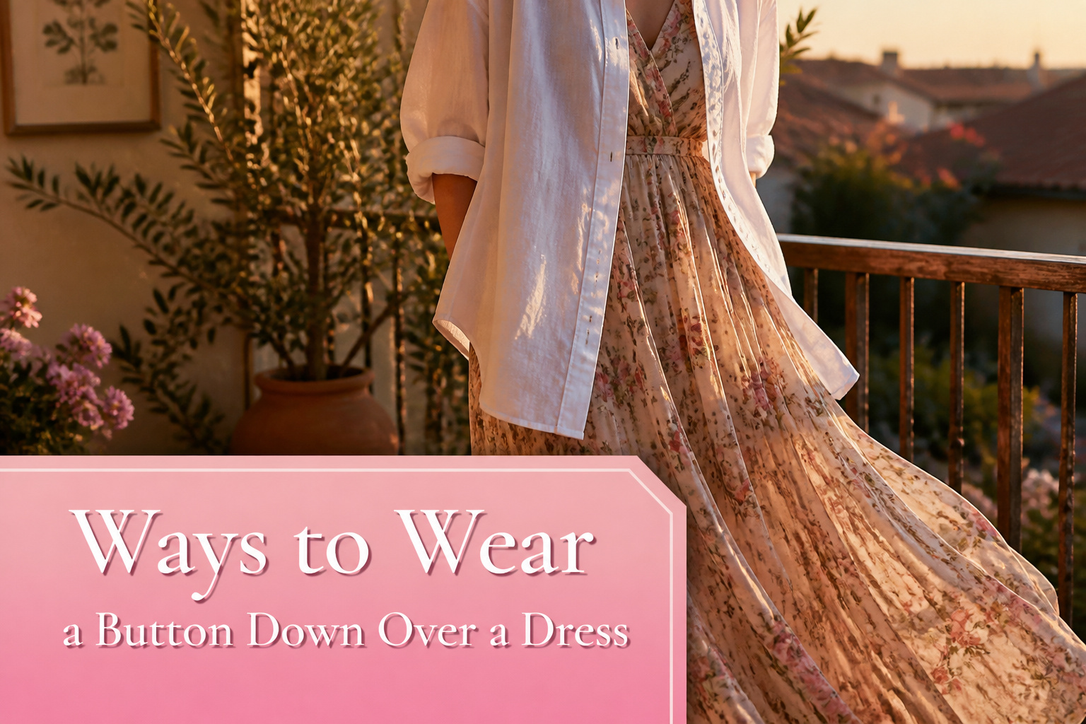 A button-down shirt layered over a dress on a model.