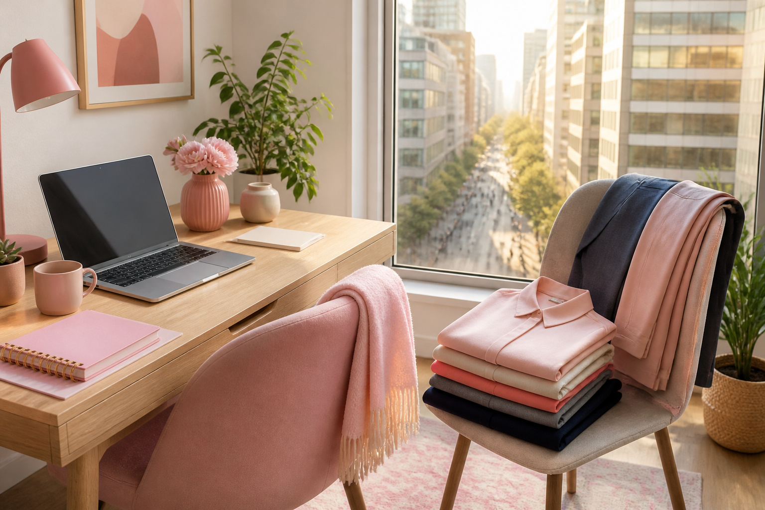 A cozy office space with a desk, plants, and warm lighting.