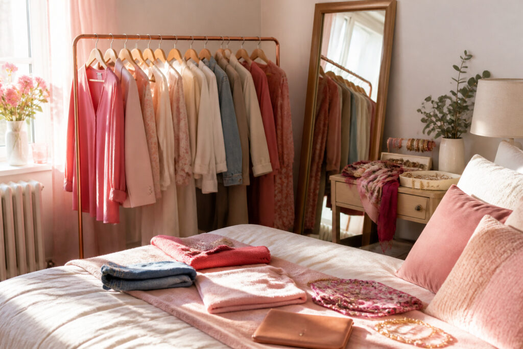 A cozy bedroom with a neatly made bed and soft pastel-colored bedding.