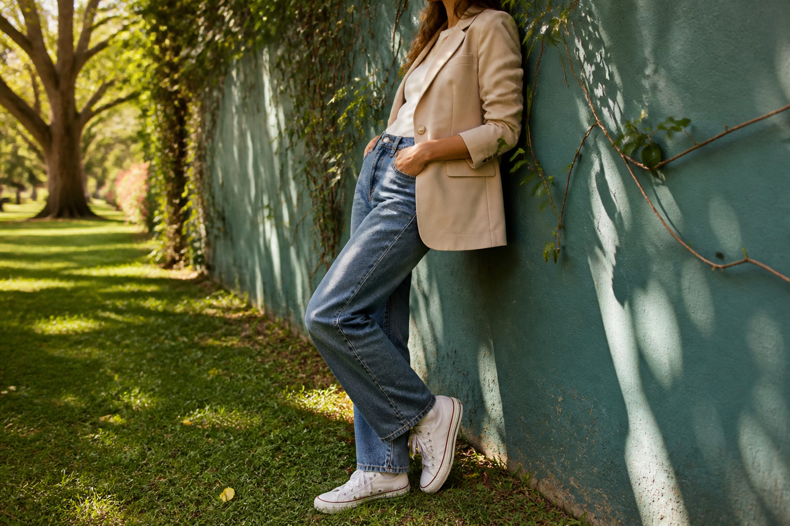 Light-wash jeans, a striped tee, and a leather crossbody bag on a table.