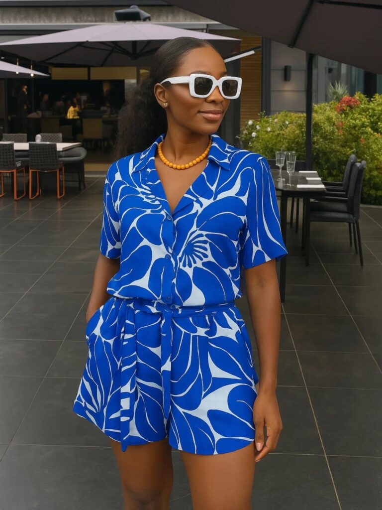 Woman wearing a blue and white floral print romper and white sunglasses outdoors.