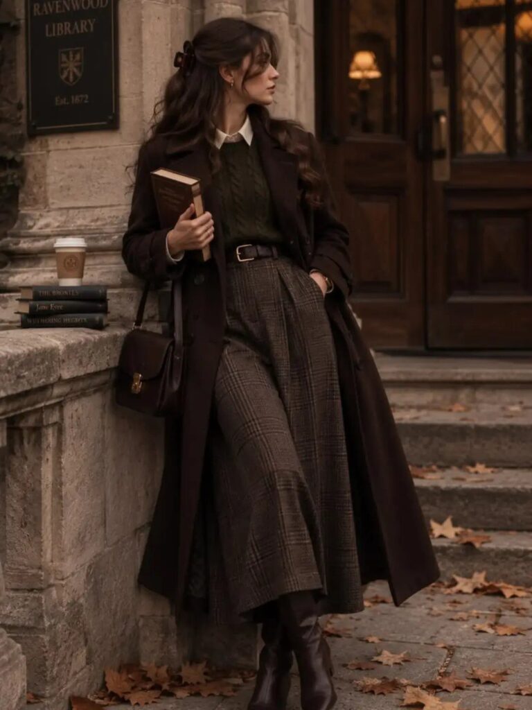 Woman in a long chocolate brown coat and plaid skirt standing outdoors in autumn.