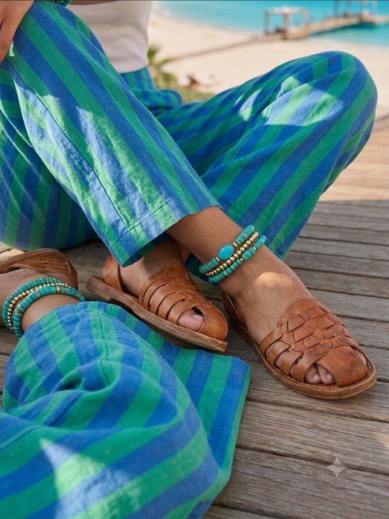 Blue and green striped beach pants with brown woven leather sandals and beaded anklets.
