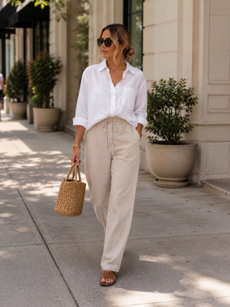 Woman in white linen shirt and beige linen trousers walking on a city sidewalk with a straw bag.