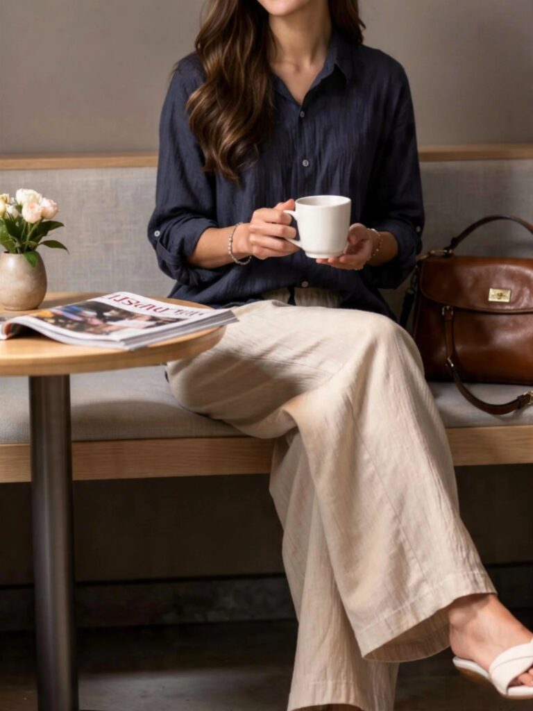 Woman wearing beige wide-leg linen pants and a navy shirt sitting on a bench.