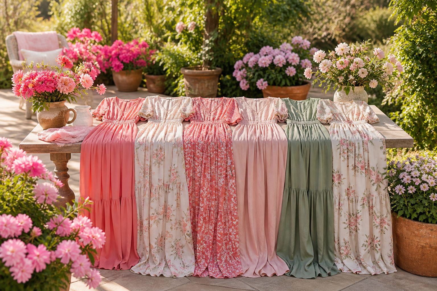 A sunlit garden patio with vibrant flowers in full bloom.