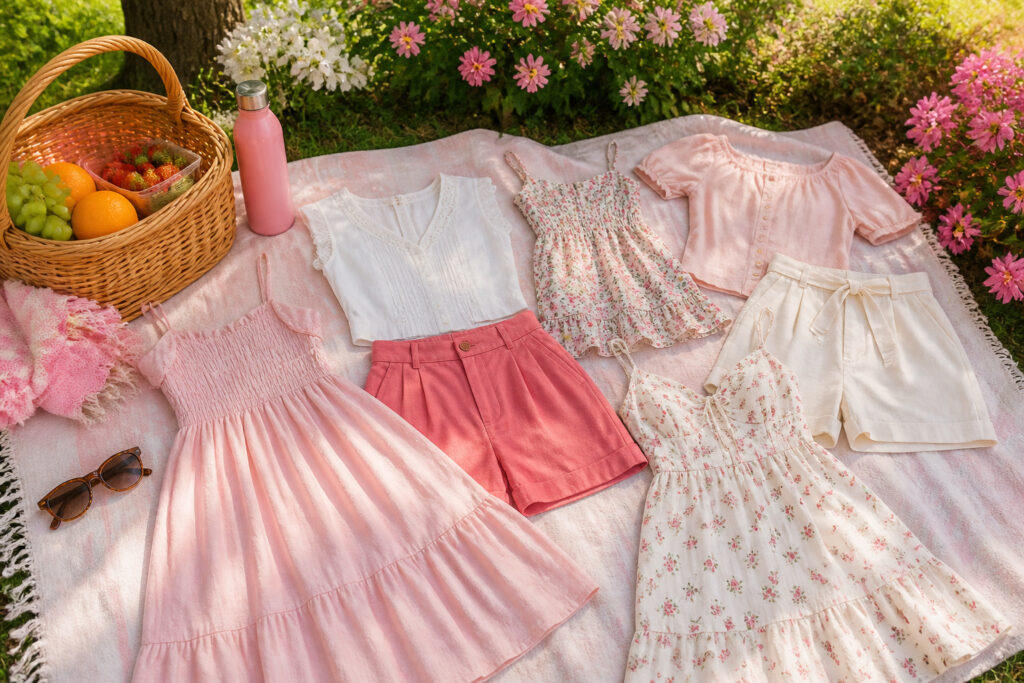 Sunlit park scene with neatly arranged summer outfits on display.