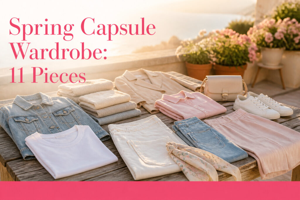 An assortment of clothing items for a spring capsule wardrobe.