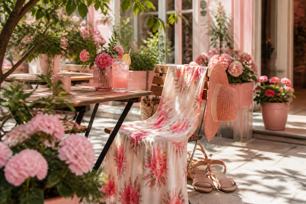 Outdoor café terrace filled with colorful potted flowers and sunlight