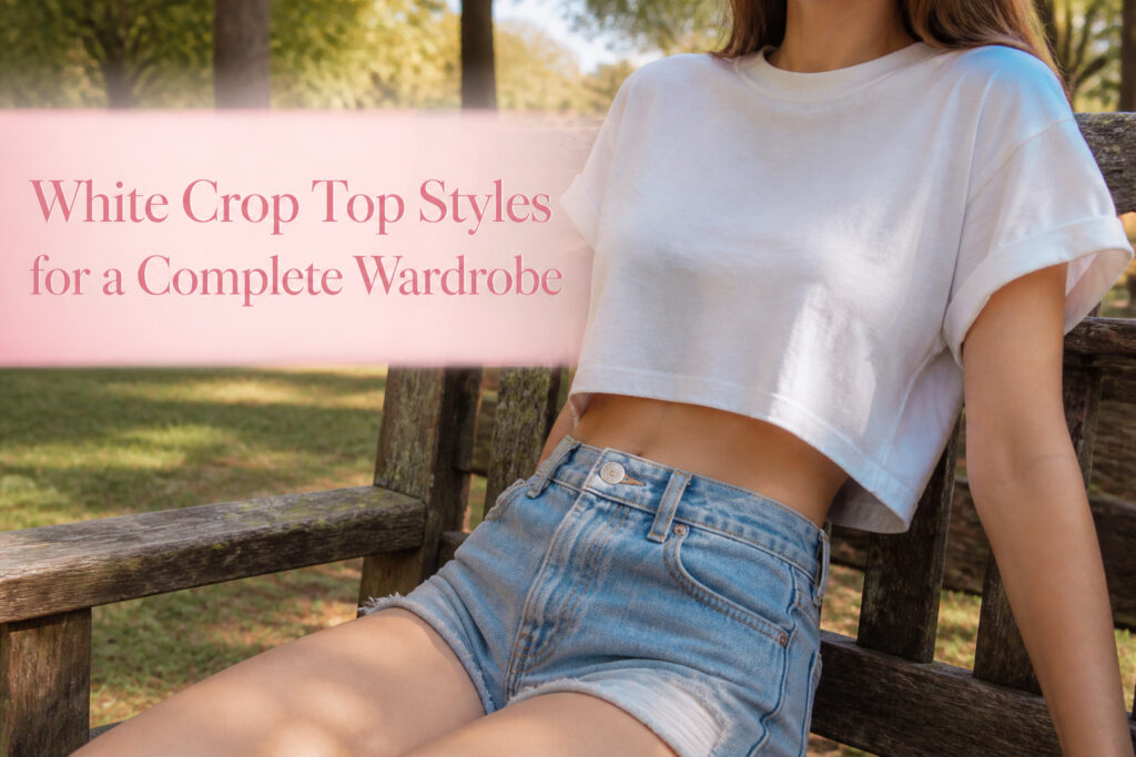 Different styles of white crop tops displayed together.