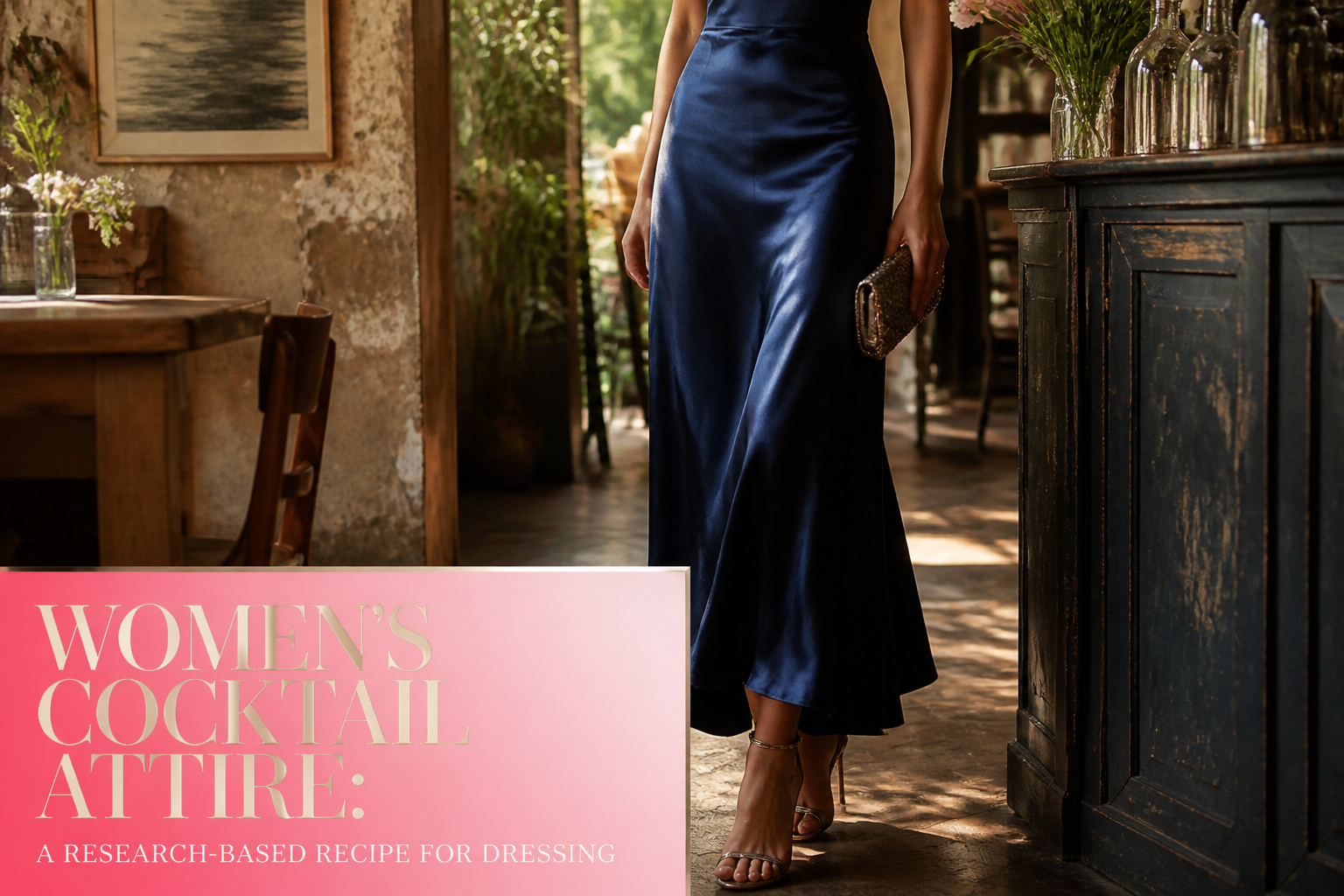 A variety of women's cocktail attire pieces including dresses and accessories.