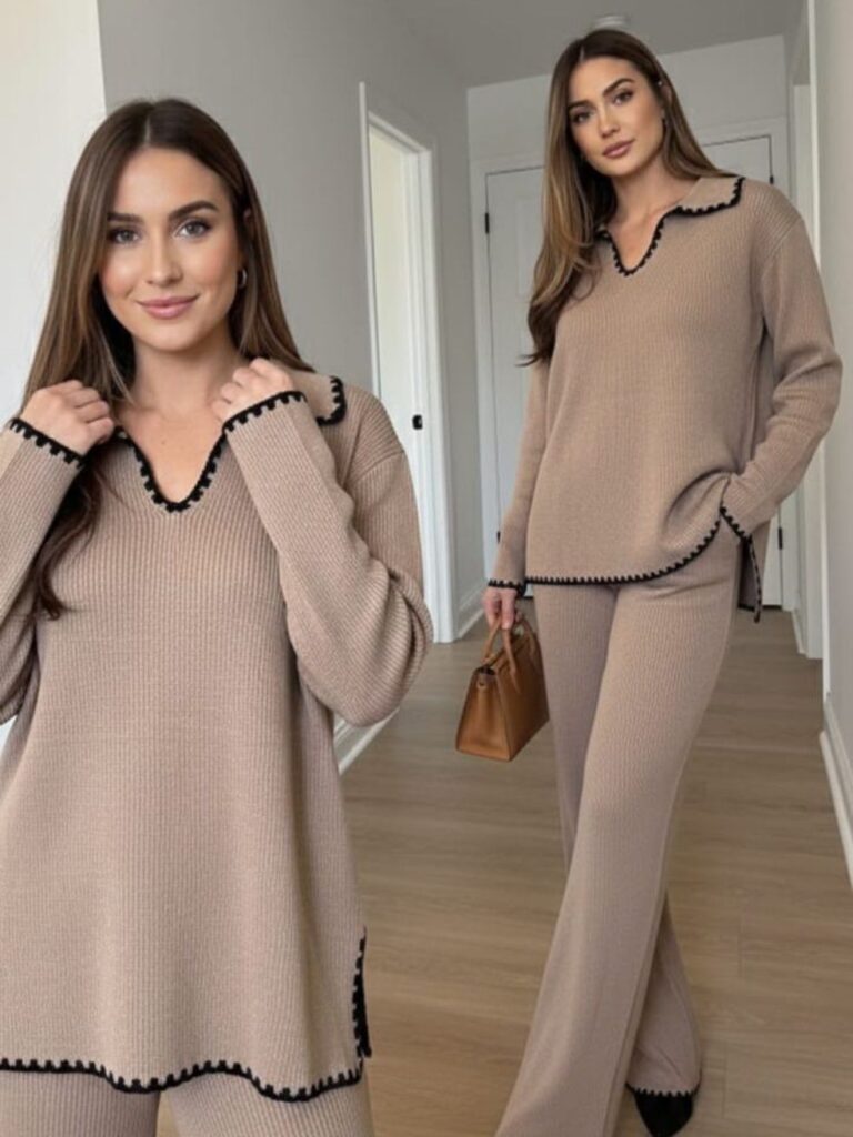 Woman wearing a beige two-piece knit set with black scalloped trim and wide-leg pants.